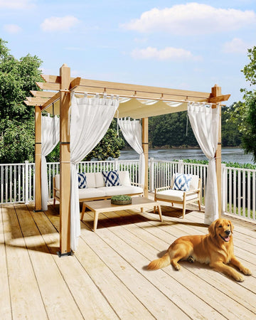 10x10 Ft Outdoor Pergola with Retractable Canopy Metal Gazebo Imitation Wood-Grain Column with Side Mesh Screen
