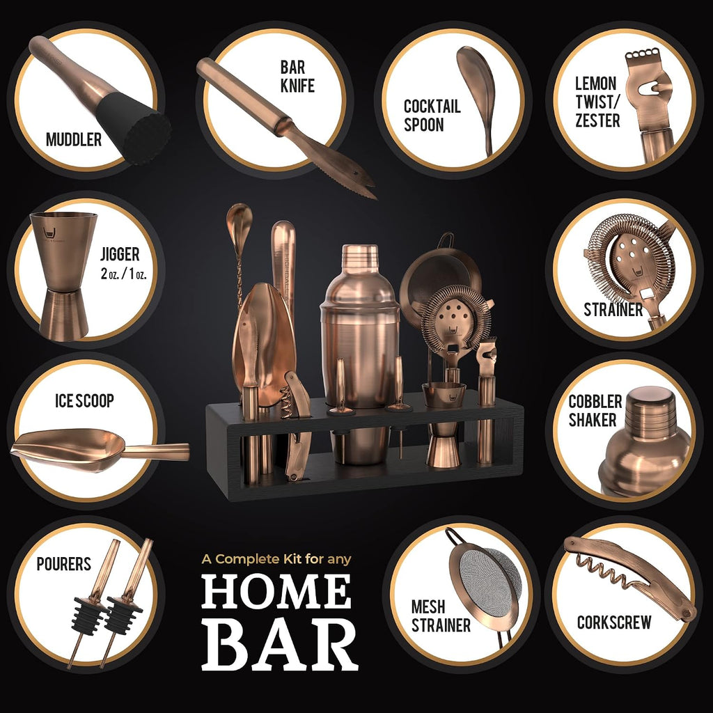 Bartender Kit with Espresso Bamboo Stand. Beautiful Cobbler Cocktail Shaker Set with Bar Tools Rustproof Stainless - Set of 13