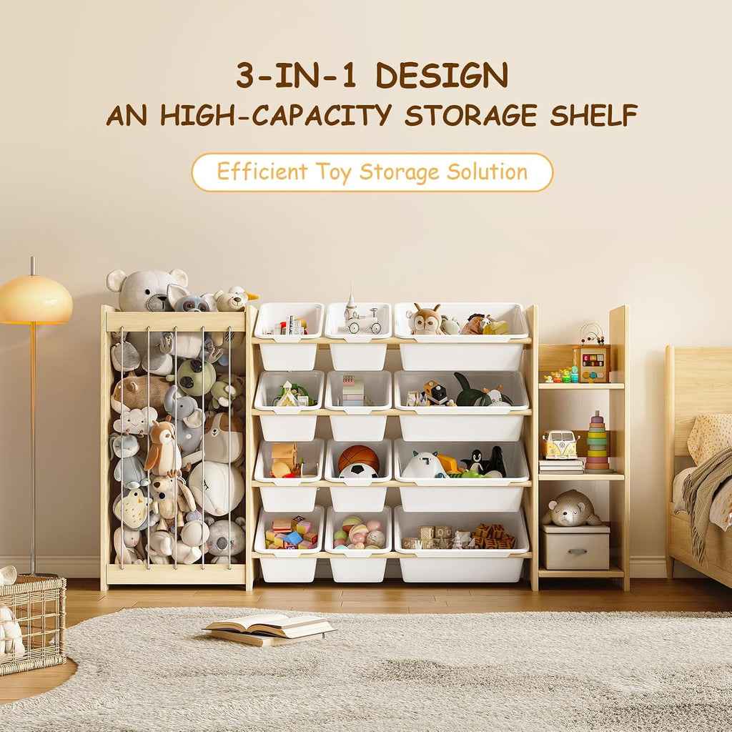 3-in-1 Toy Storage Organizer, Stuffed Animal Holder & 3-Tier Bookcase, Solid Wood Toy Organizer with 12 Storage Bins