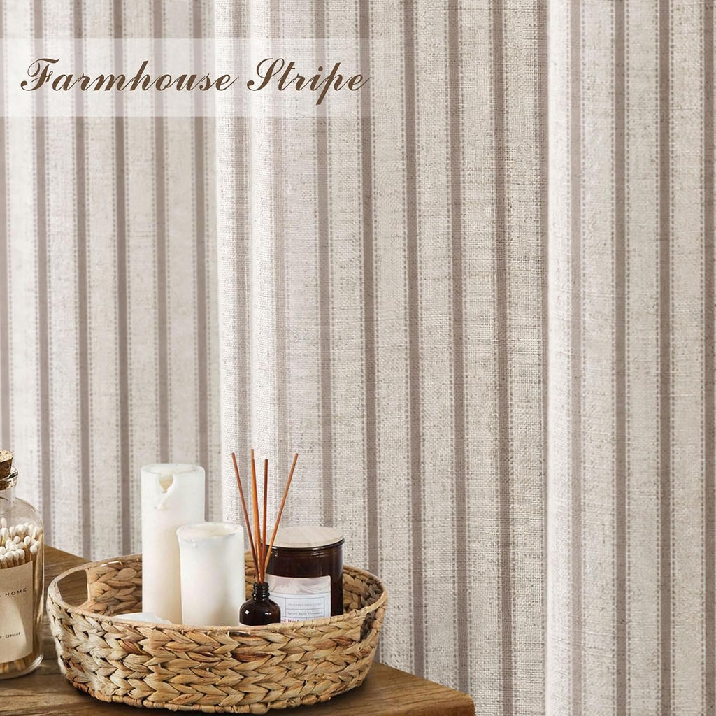 Farmhouse Striped Shower Curtain Taupe Vintage Linen Curtain 72"W X 72"L | Striped Shower Curtains with Linen Texture