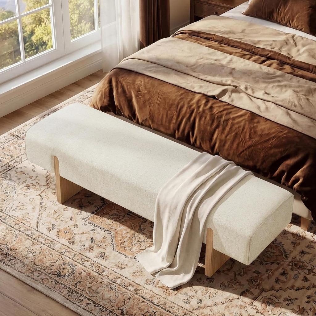 55'' Upholstered End of Bed Bench, Linen Entryway Bench with Solid Wood Legs, Farmhouse Wooden Dining Room Bench