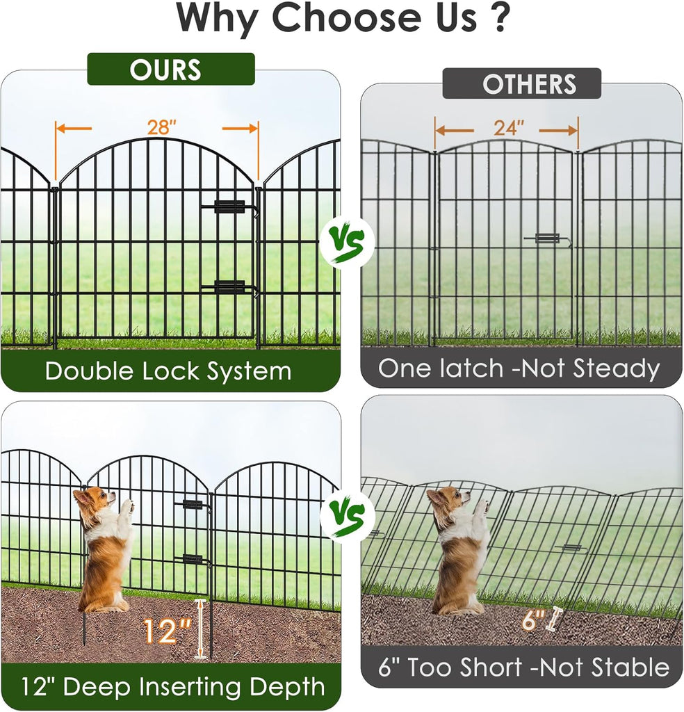 Metal Garden Fence with Gate 28in (H) x 37.3ft (L), 1 Gate + 15 Panels Dog Fences Border Fence Animal Barrier, No Dig