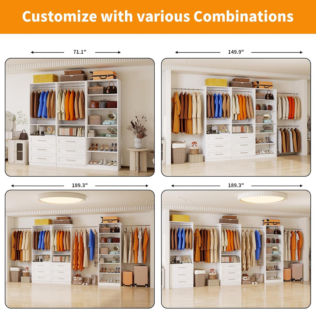 Closet System with 3 Sets, 6FT-15FT Closet Organizer Systems with 6 Wooden Drawers 8 Shelves & 4 Hanging Rods, Walk