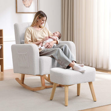 Rocking Chair with Ottoman, Upholstered Glider Rocker with High Backrest and Side Pocket, Comfy Reading Chair with