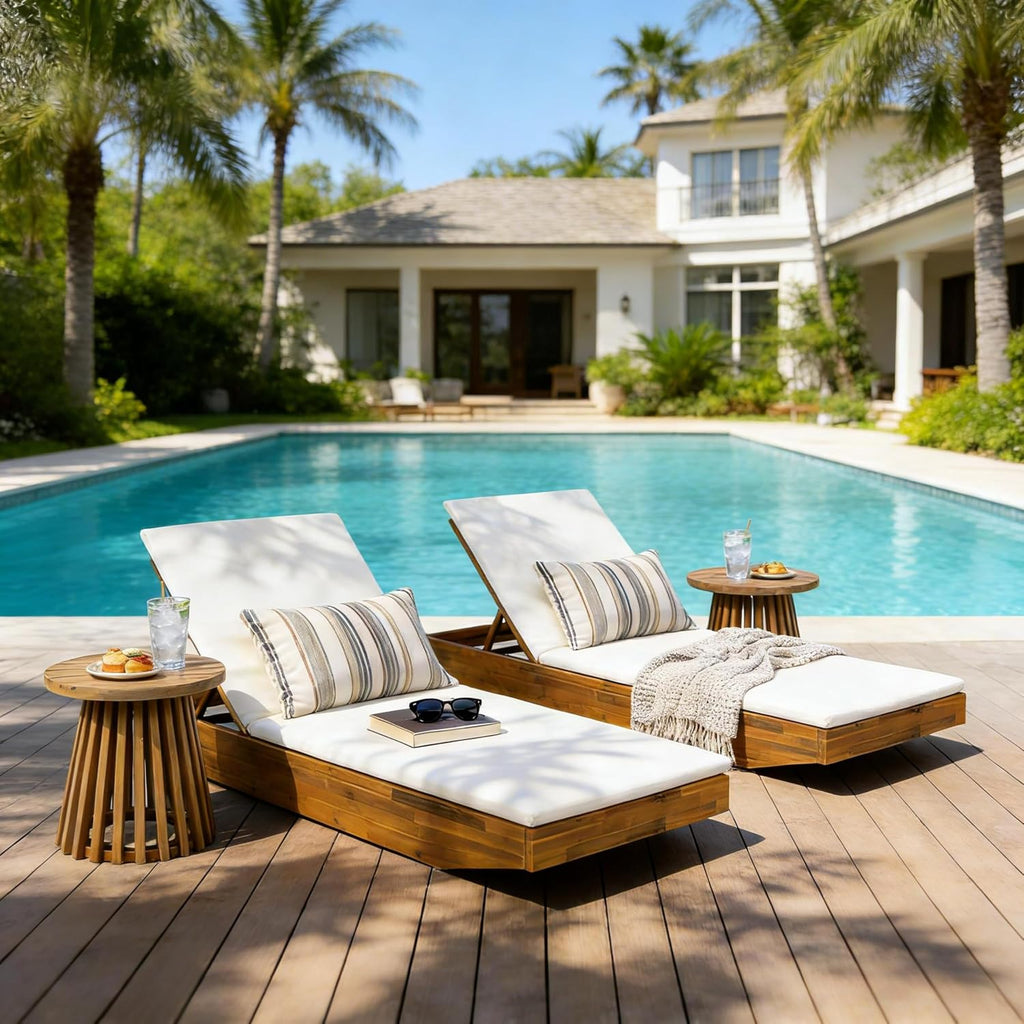 2 PCS Outdoor Lounge Chaise with 2-Fold Thin Cushions, Teak Finish Acacia Wood Lounge Chair Lounge with Cream Cushion