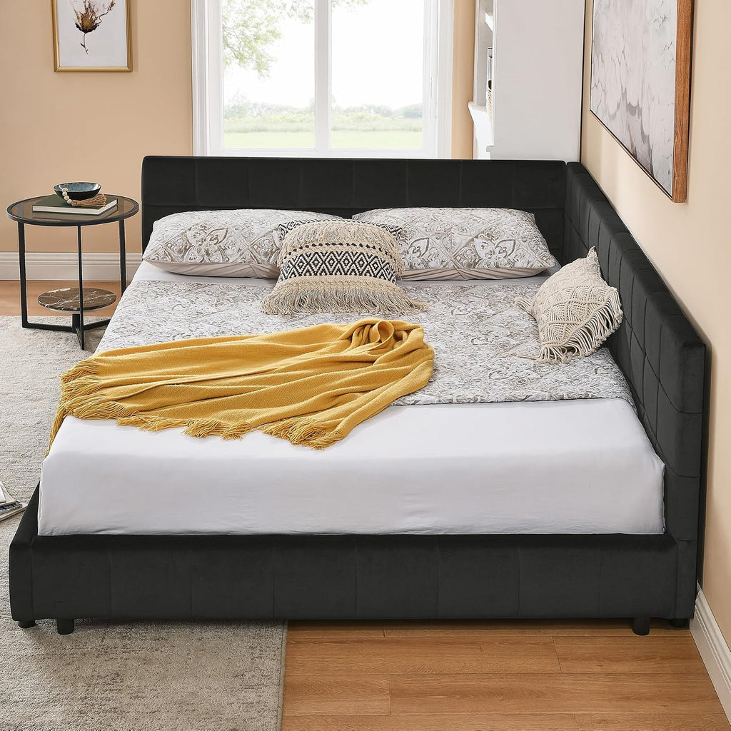 Queen Corner Bed Frame with Comfortable Backrest and Armrests, Velvet Tufted Corner Bed Frame Queen, Upholstered