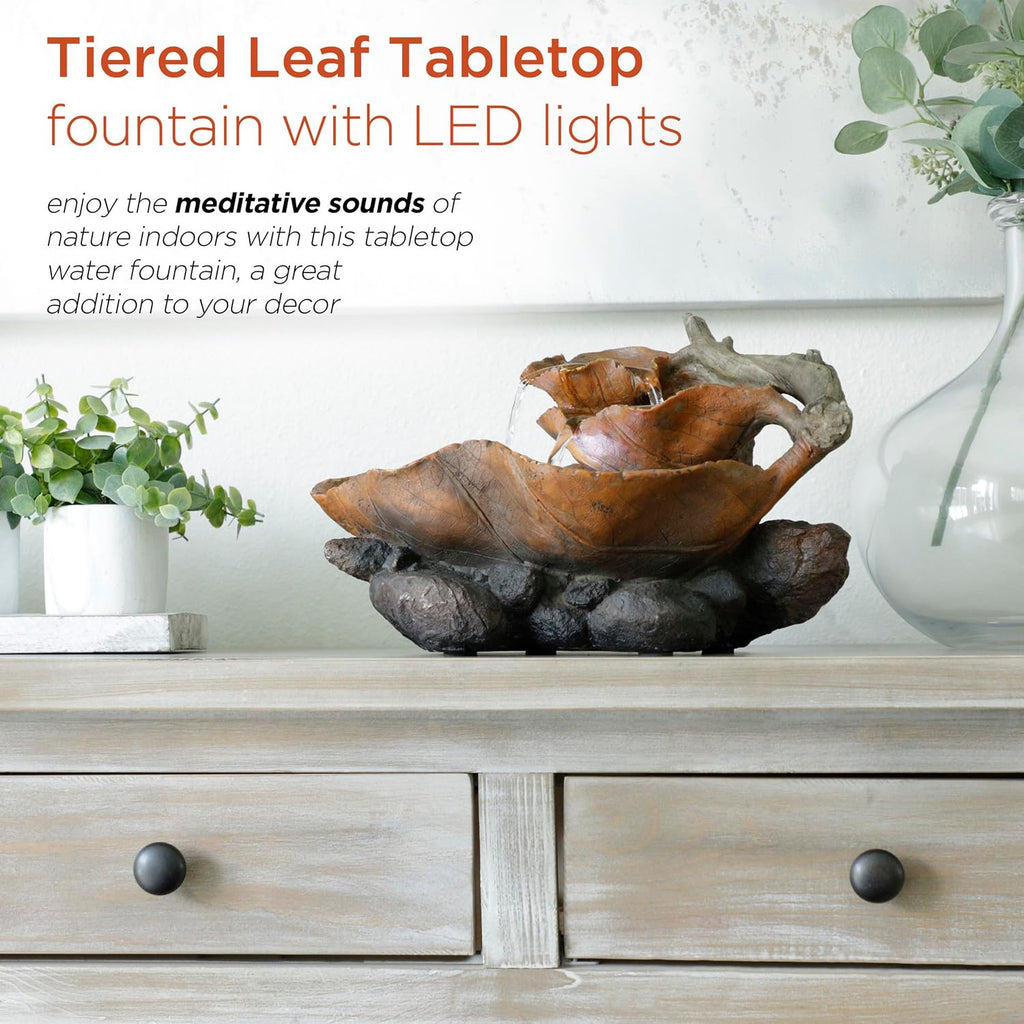9" Tall Indoor Tabletop Tiered Leaf Hand-Painted Fountain with LED Lights