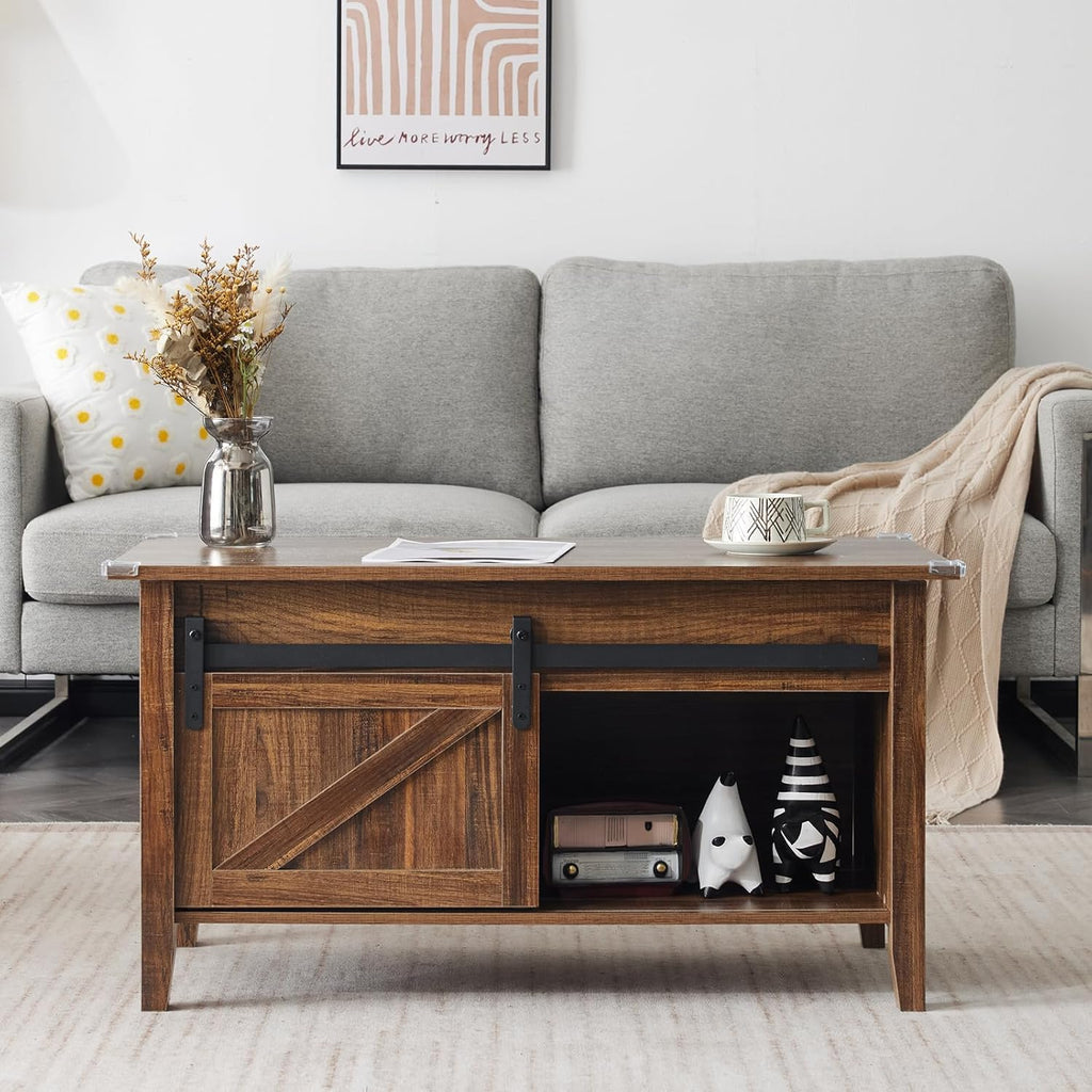 Farmhouse Lift Top Coffee Table, Rustic Grey with Storage Shelf/Hidden Compartment, Mesa De Centro para Sala