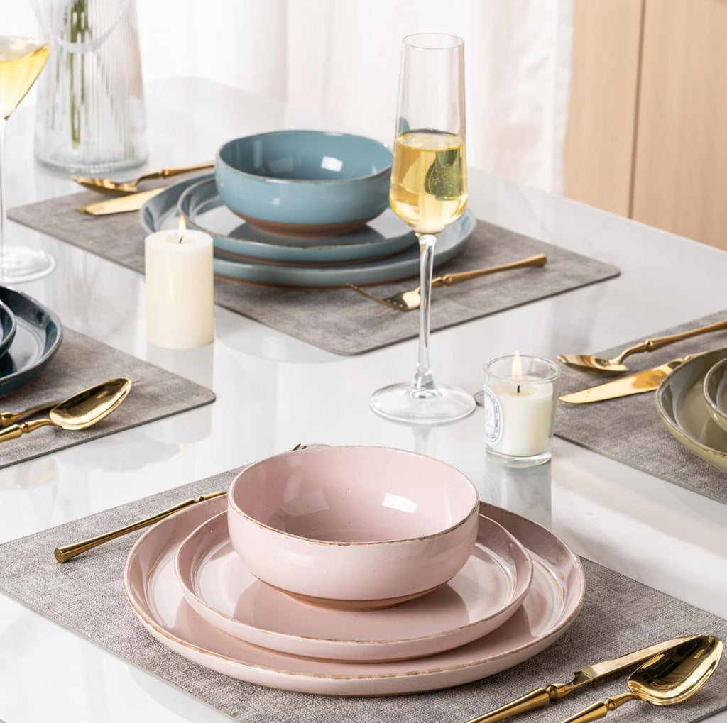 Ceramic Dinnerware Sets for 4, 12 Pieces Handpainted Plates and Bowls Set with Rustic Terracotta Underside