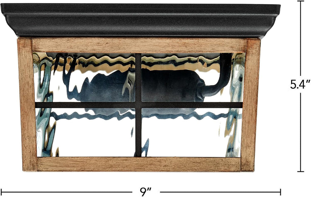 Outdoor Flush Mount Ceiling Light Fixture, Wood Grain, 2-Light | Water Glass, Square Farmhouse, Porch or Patio Light