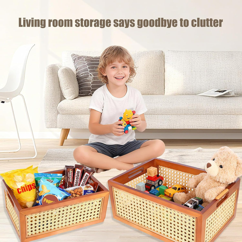 Rattan Storage Baskets Set, Wooden Frame with Woven Cane Design, Nesting Organizer Bins Bedroom Bathroom Kitchen