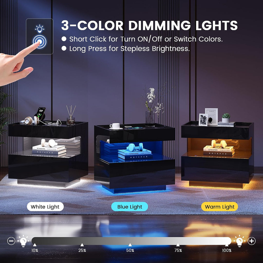 High‐Gloss Smart LED Nightstand | Motion‐Sensor 3‐Color Lighting, Hidden Storage Compartment, Gun Drawers, USB