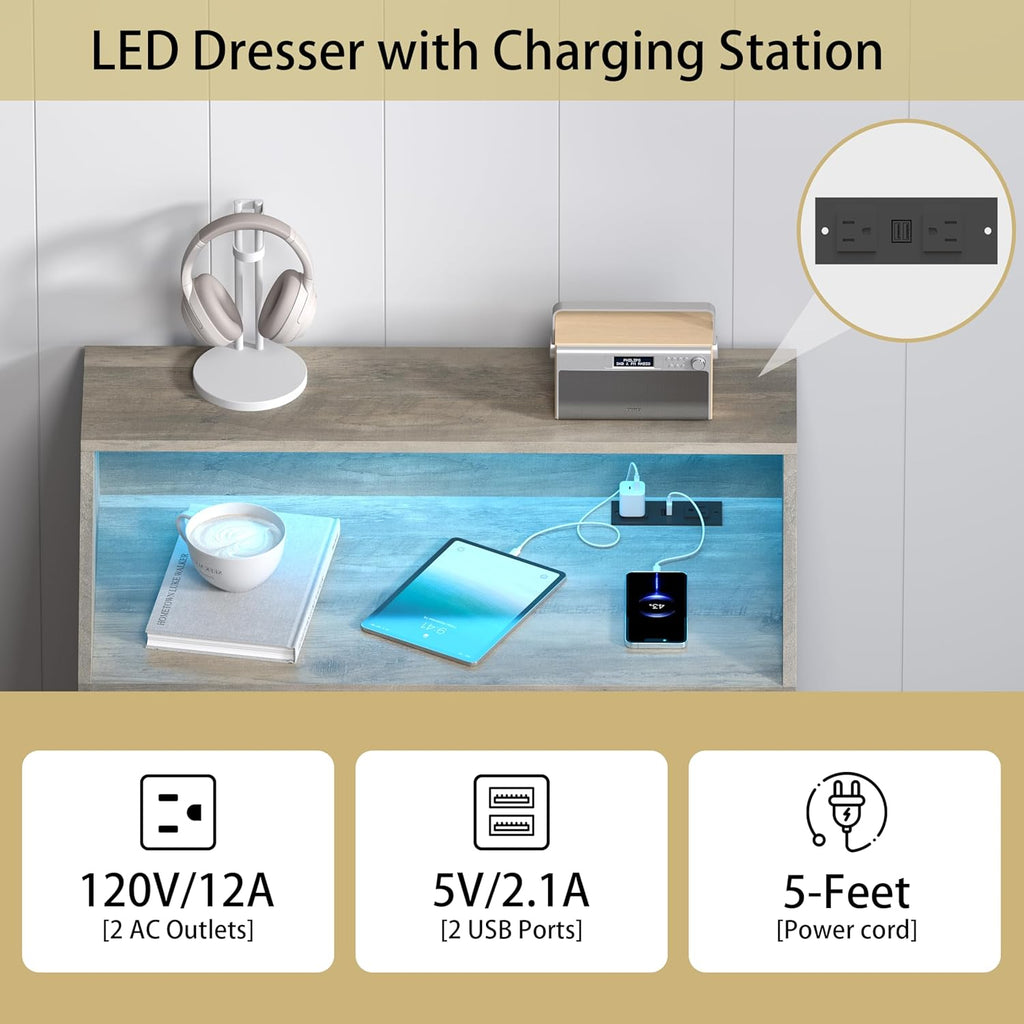 Grey Dresser Tall 5 Drawer Dresser , Wood Chest of Drawers with LED Lights, Charging Station, Metal Handles, Modern
