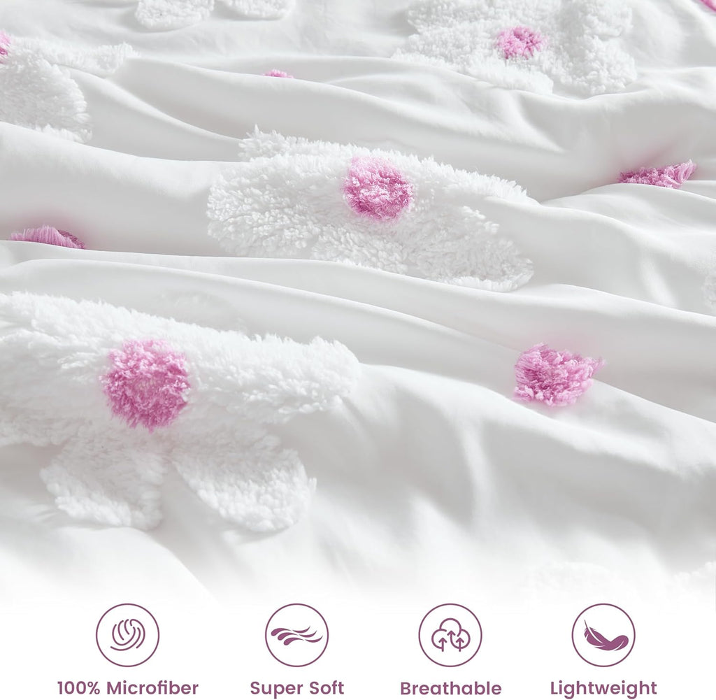 Comforter Set for Girls 3 Pieces Soft Pink Tufted Daisies Flowers Bedding Set Bed in A Bag Cute Floral Comforter
