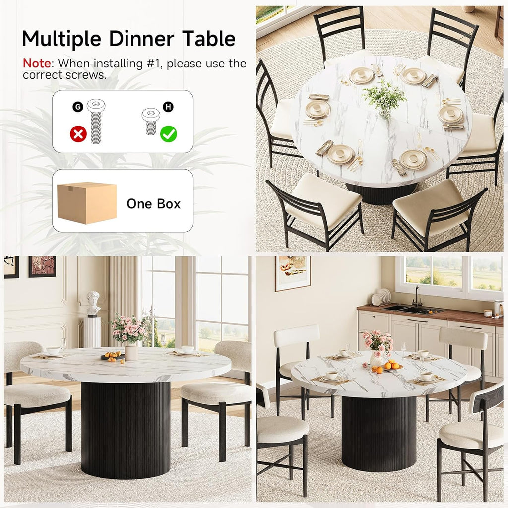 Round Kitchen Dining Table for 4-6 People, 47 inch Mid-Century Circle Dinner Tables, Rustic Wood Base in Fluted