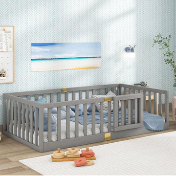 Twin Montessori Floor Bed with High Rails, Solid Wood Montessori Bed Frame for Kids, Door Can Install Left and Right