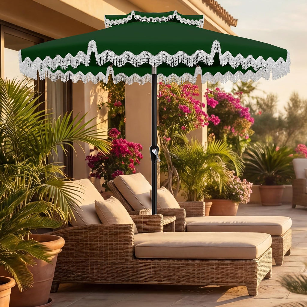 9ft Patio Umbrella with Fringe Tassels, Wind-Resistant Fiberglass Ribs - Dark Green