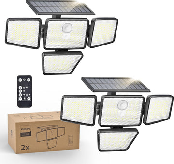 Solar Security Light Outdoor, 196 LED Wall-Mounted Flood Light w/PIR Motion Sensor, 3 Modes, 4 Adjustable Heads