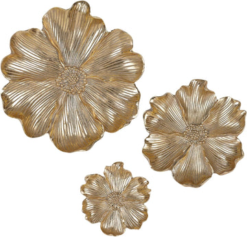 Gold Resin Floral Wall Art, Unique Wall Sculpture and Vintage Wall Décor, Perfect, Room, and Bathroom Wall - Set of 3
