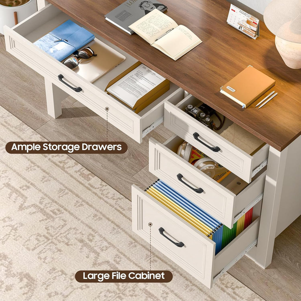 Farmhouse Executive Desk with Storage and Ample File Drawer, Rustic Large Home Writing Desk, White