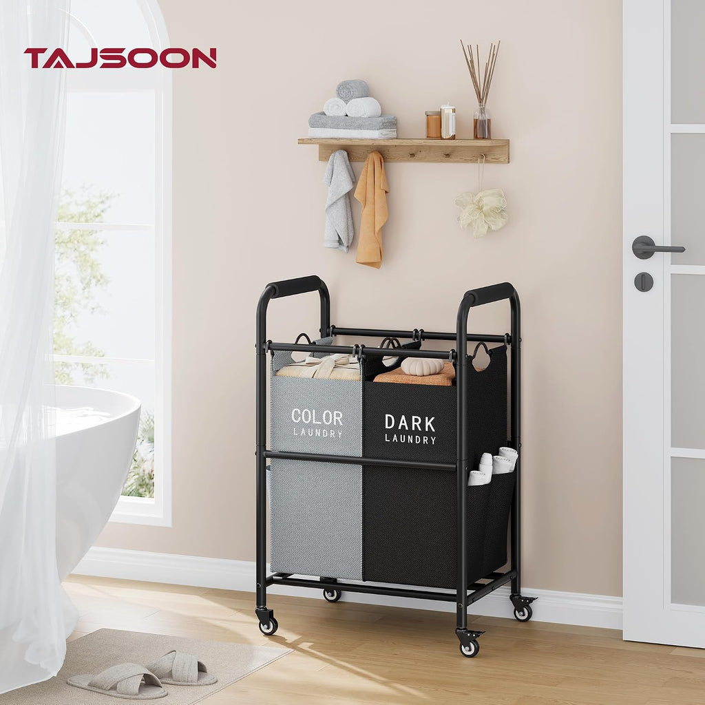 2 Bag Laundry Sorter Cart, Black & Grey | 50lbs Large Capacity, Removable Laundry Bags, Heavy Duty Lockable Rolling