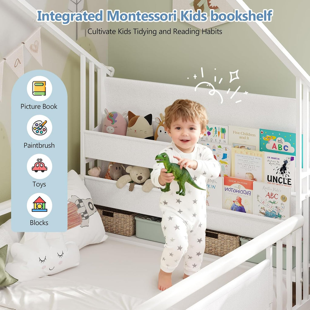 Twin Montessori Floor Bed with Storage Bookshelf and Globe String Lights House Shaped Floor Bed for Kids with Safety