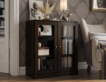 Solid Wood Bookcase - 3 Tier Bookshelf - 32" Wide - Espresso, Short Bookcase, Display Cabinet with Glass Doors &