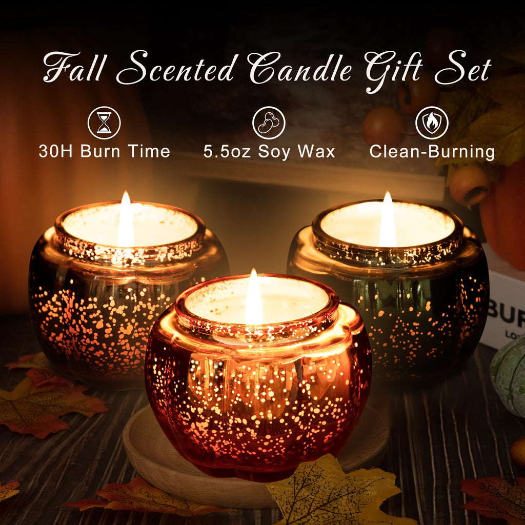 Fall Scented Candles Gift Set 3 Pack, 16.5oz Pumpkin Glass Jar Candle, Thanksgiving Aromatherapy Soy Wax Candles for