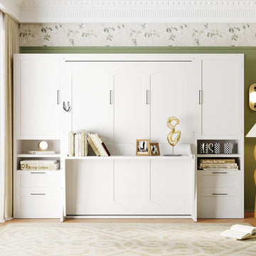 Queen Murphy Bed with Desk, Closet, Drawers and Shelves, Fold into the Wall, Space-Saving Foldable Wood Platform Bed