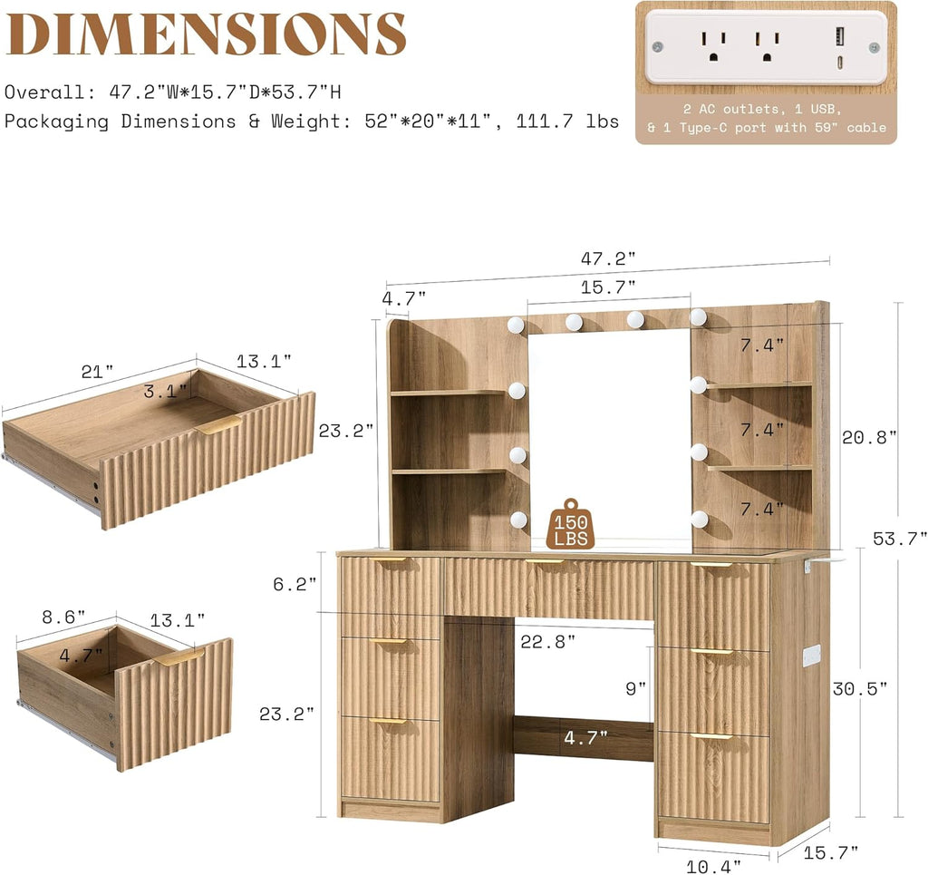 47.2" Fluted Vanity Desk with Mirror and Lights, Natural Oak | Large 7 Drawers Wood Makeup Vanity Table with Glass