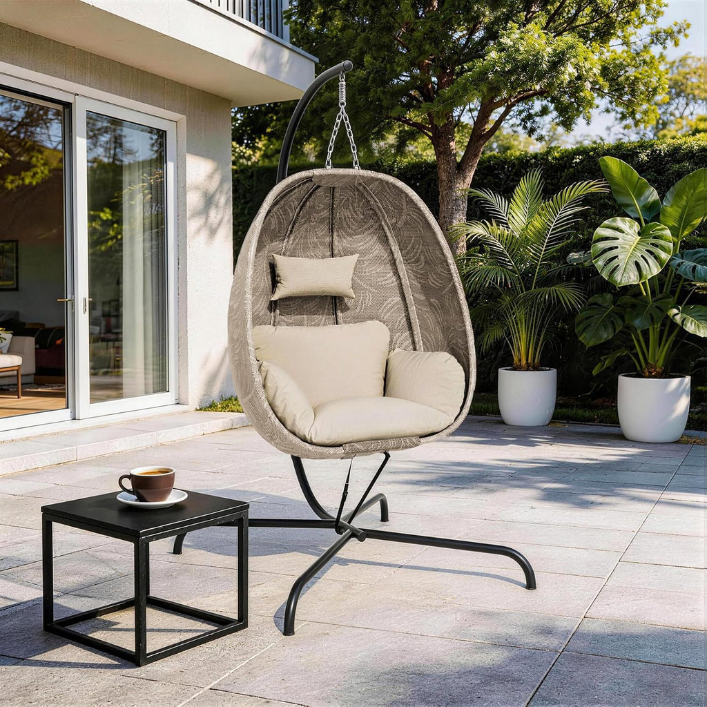 Foldable Egg Chair with Stand, 485LBS Capacity Textilene Hammock Swing Chair for Outdoor & Indoor, Patio Hanging