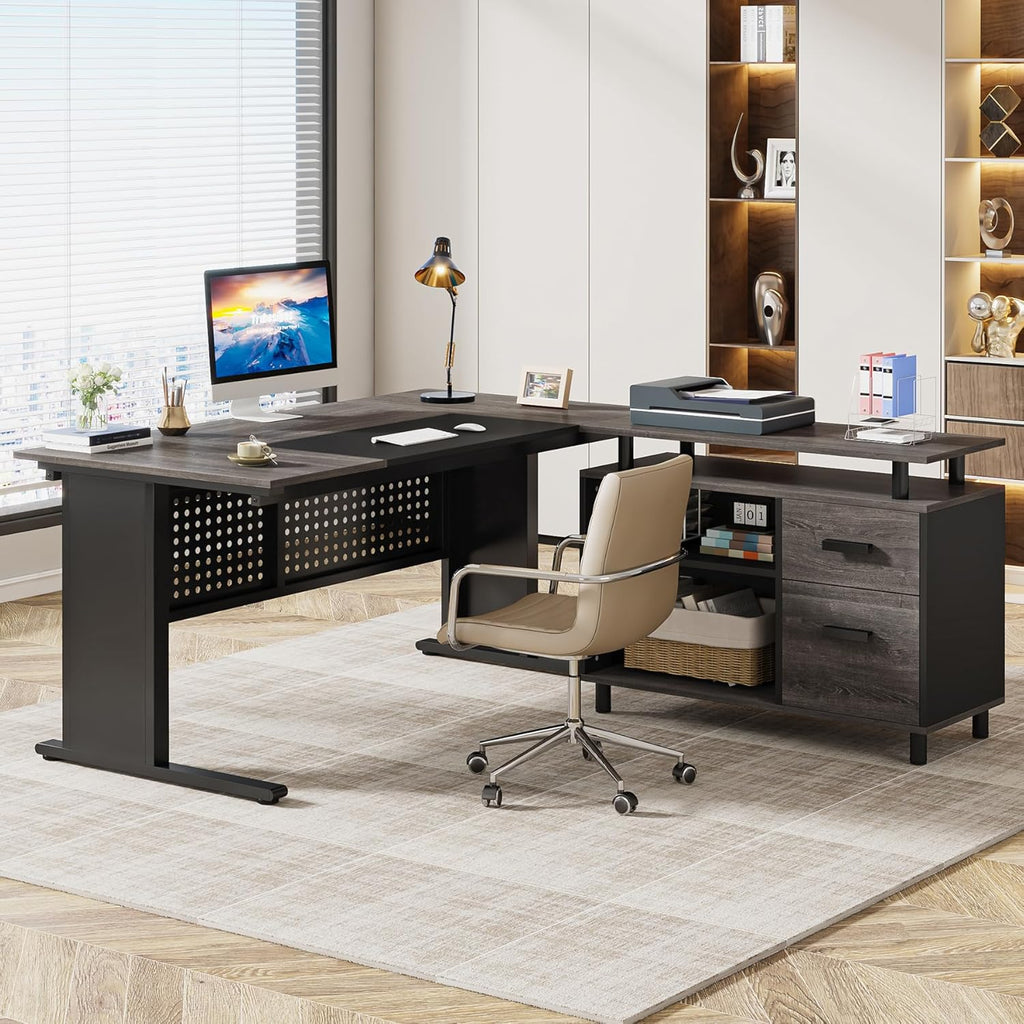 63 Inch Executive Desk with File Cabinet, L Shaped Office Desk with Drawers and Storage Shelves