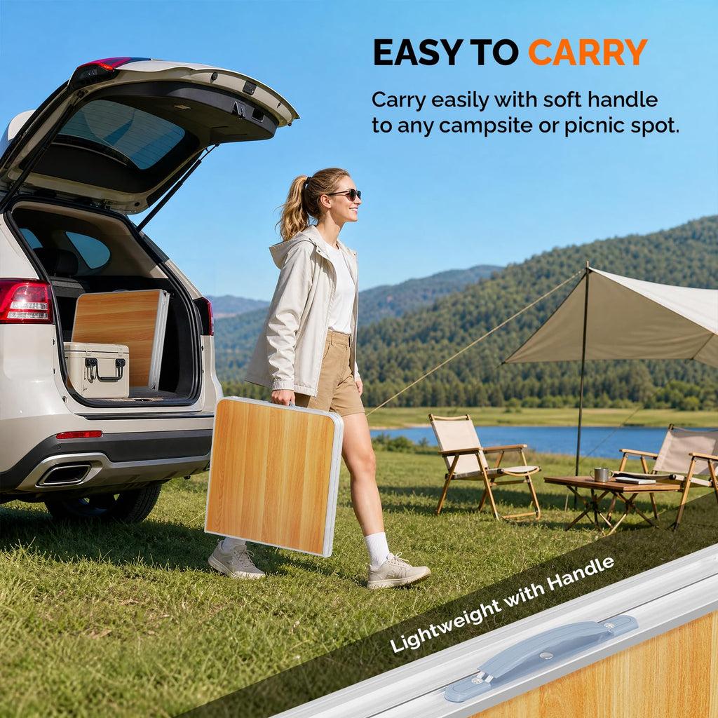 4FT White Folding Table with Carrying Handle Height Adjustable Lightweight Fold Up Portable for Indoor Outdoor