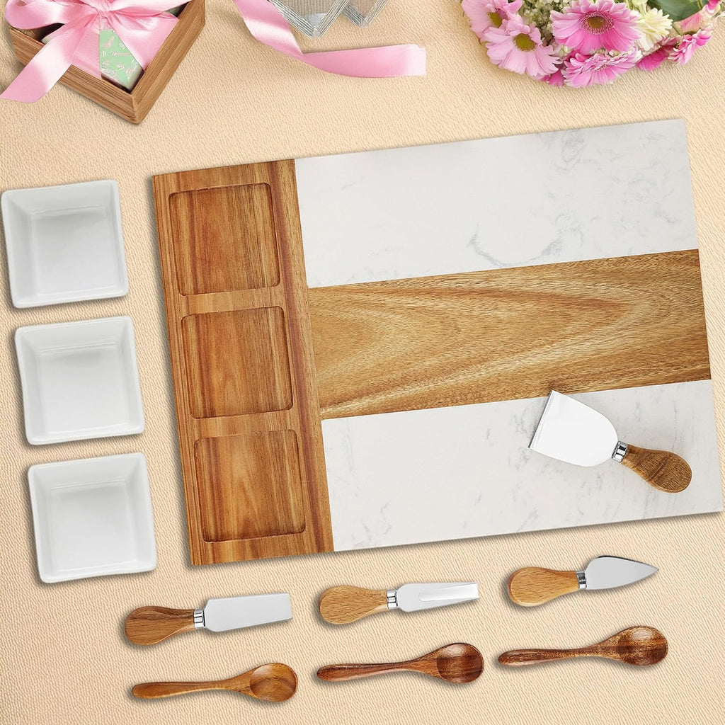 Marble Cutting Board Set, Charcuterie Cheese Boards, 3 Bowls, 3 Spoons, 4 Charcuterie Utensils, Meat, Fruits