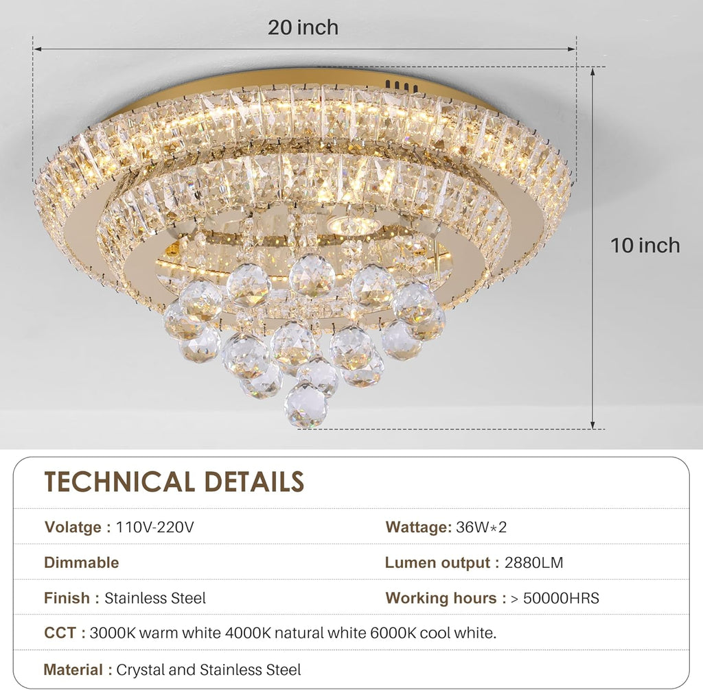 Large LED Crystal Raindrop Ceiling Light,Rose Gold, 20" Elegant Semi Flush Mount Chandelier Light Fixture with Remote