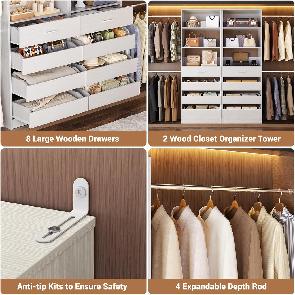 Closet System, 6-15Ft Closet Organizer with 8 Wooden Drawers, Wood Closet Organizer System with Tower, Walk-in Closet