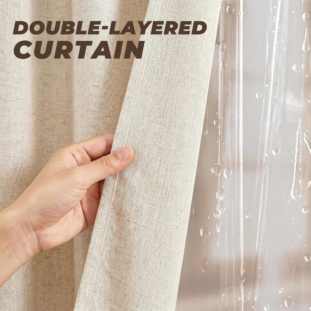 3 in 1 Linen Shower Curtain with Liner and 12 Double Glide Hooks 72 x 72 | Thick linen-poly blend, detachable