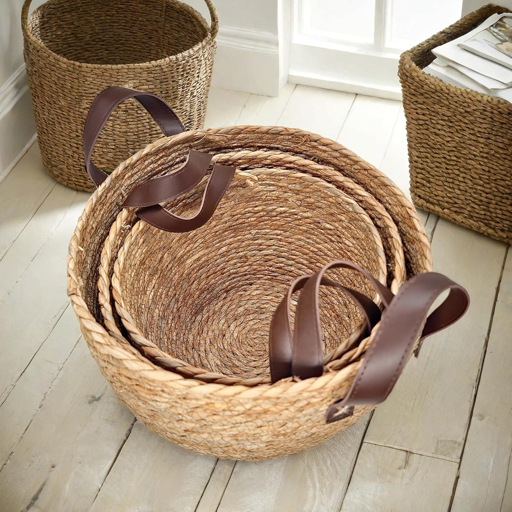 Round Seagrass Storage Baskets Woven Wicker Planter Baskets for Decor | Decorative Basket for Blankets, Plants