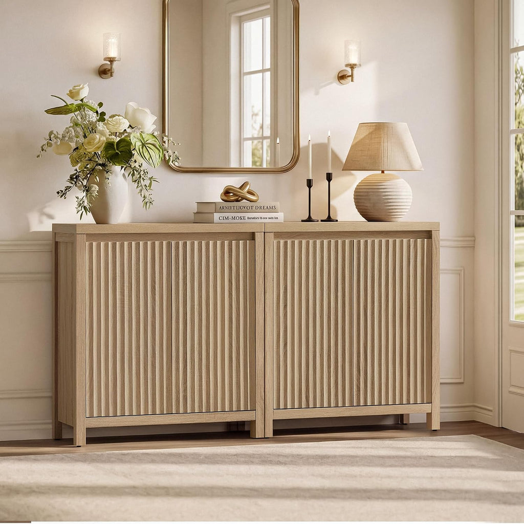 Sideboard Buffet Cabinet with Storage, Fluted Credenza Buffet Table | Console Cabinet with Adjustable Shelves