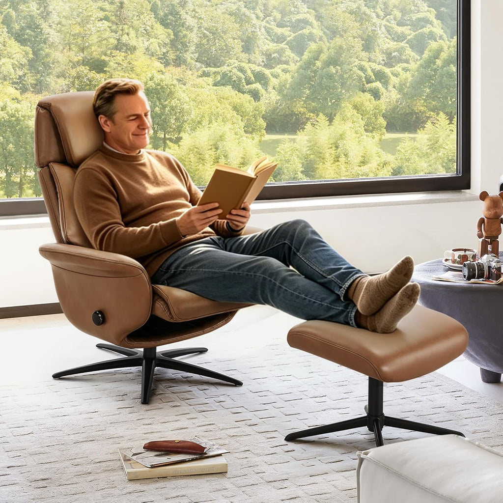 Modern Reclining Swivel Lounge Chair and Ottoman — Saddle Genuine Leather