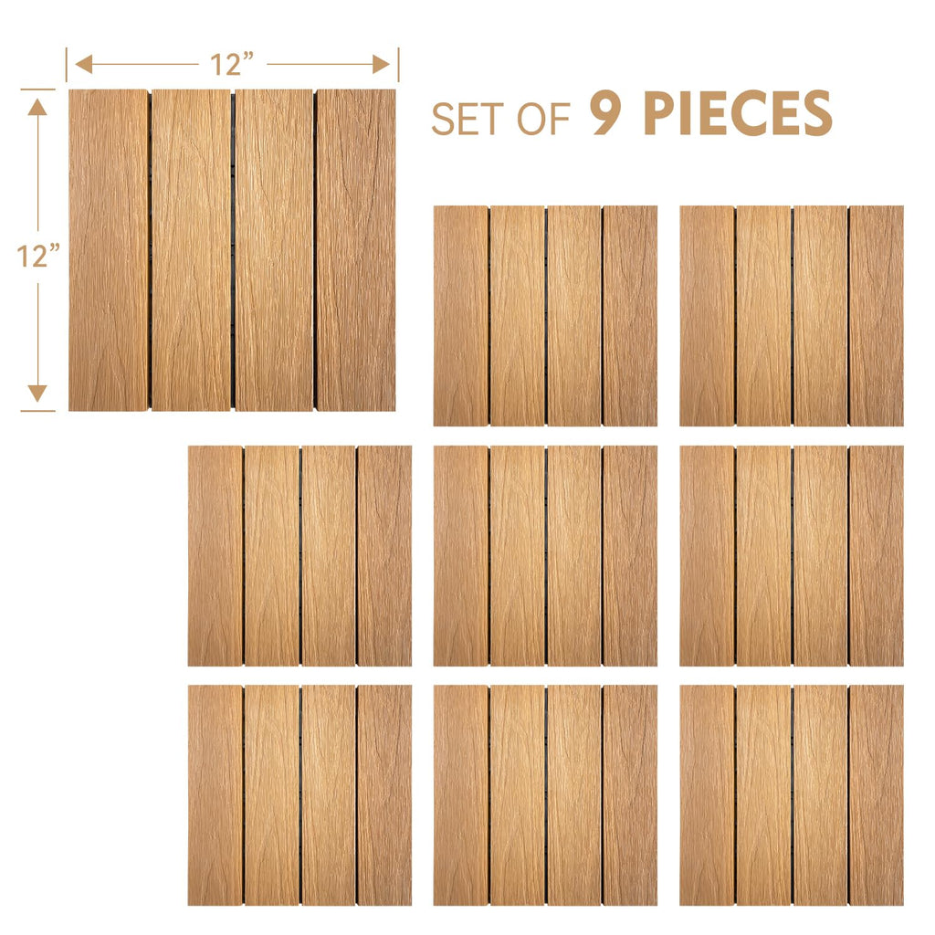 WPC Deck Tiles,12x12 Inch 9 PCS Teak, Waterproof Composite Flooring, Easy Snap Together DIY Indoor Outdoor Tiles for