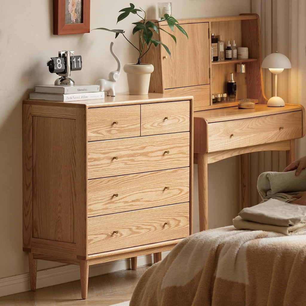 Solid Wood Dresser, 5 Drawer Dresser , Solid Wood Storage Organizer, Modern Chest of Drawers , Closet, Natural Oak