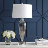 33.5" Smoked Grey Glass/Crystal Table Lamp, Traditional Fluted Glass Column with White Faux Silk Drum Shade