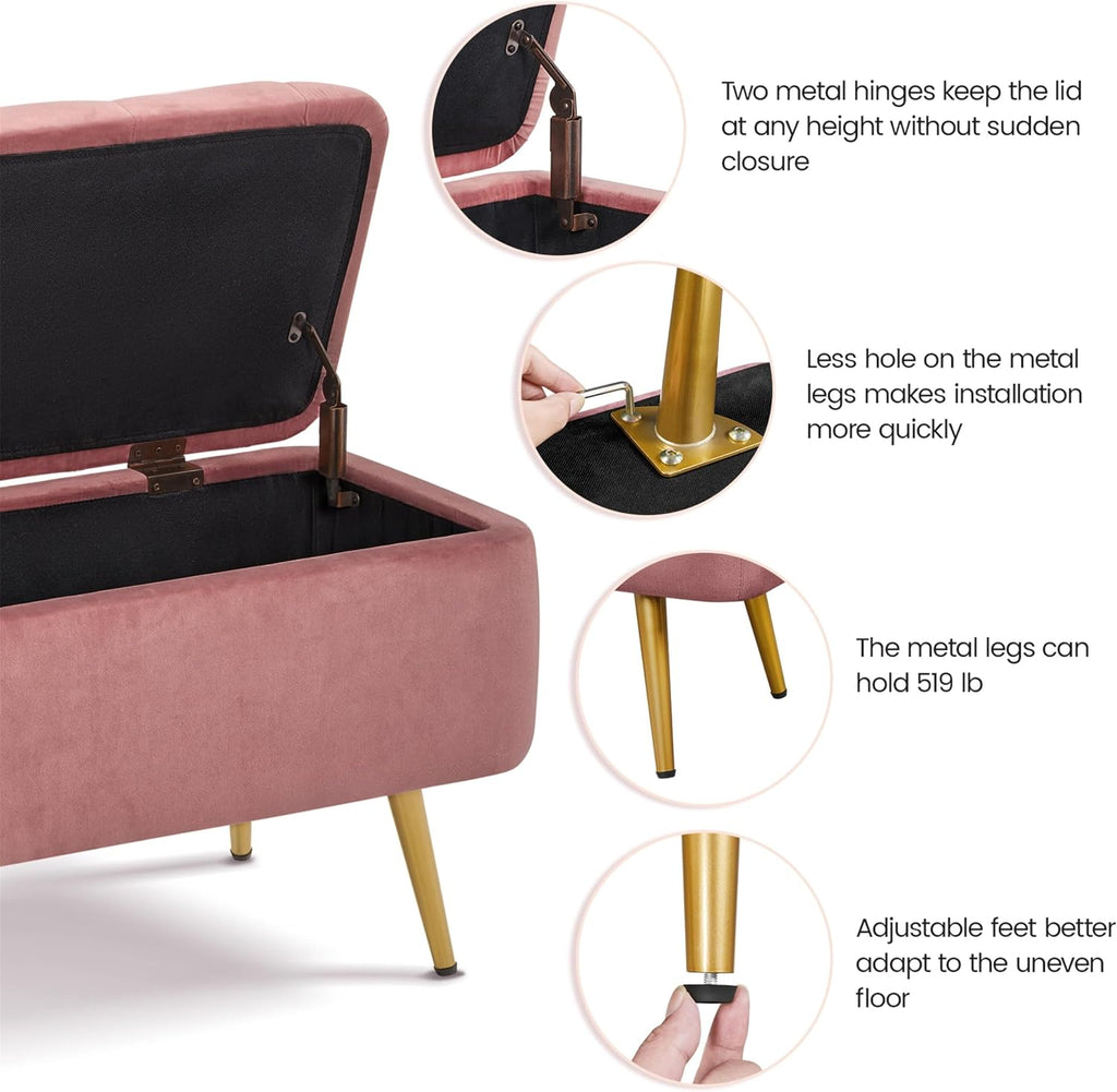 43in Velvet Storage Ottoman Bench End of Bed, Pink | Button-Tufted Ottoman Bench with 1.9C Storage Space, Tapered