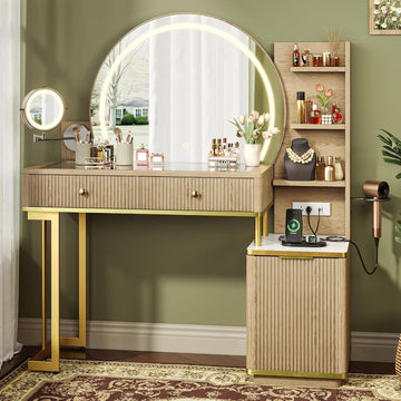 Vanity Desk w/5x Magnifying Mirror, Fluted Makeup Vanity w/Mirror and Lights, Glass Top Vanity, Dressing Table