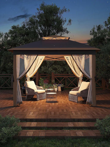 11x11 Pop Up Gazebo Tent with Mosquito Netting, Outdoor Canopy Shelter Easy Setup, Water & UV Resistant - Khaki