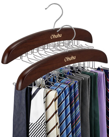 24-Hook Wooden Tie Rack, 360° Rotating Rustproof Closet Hanger