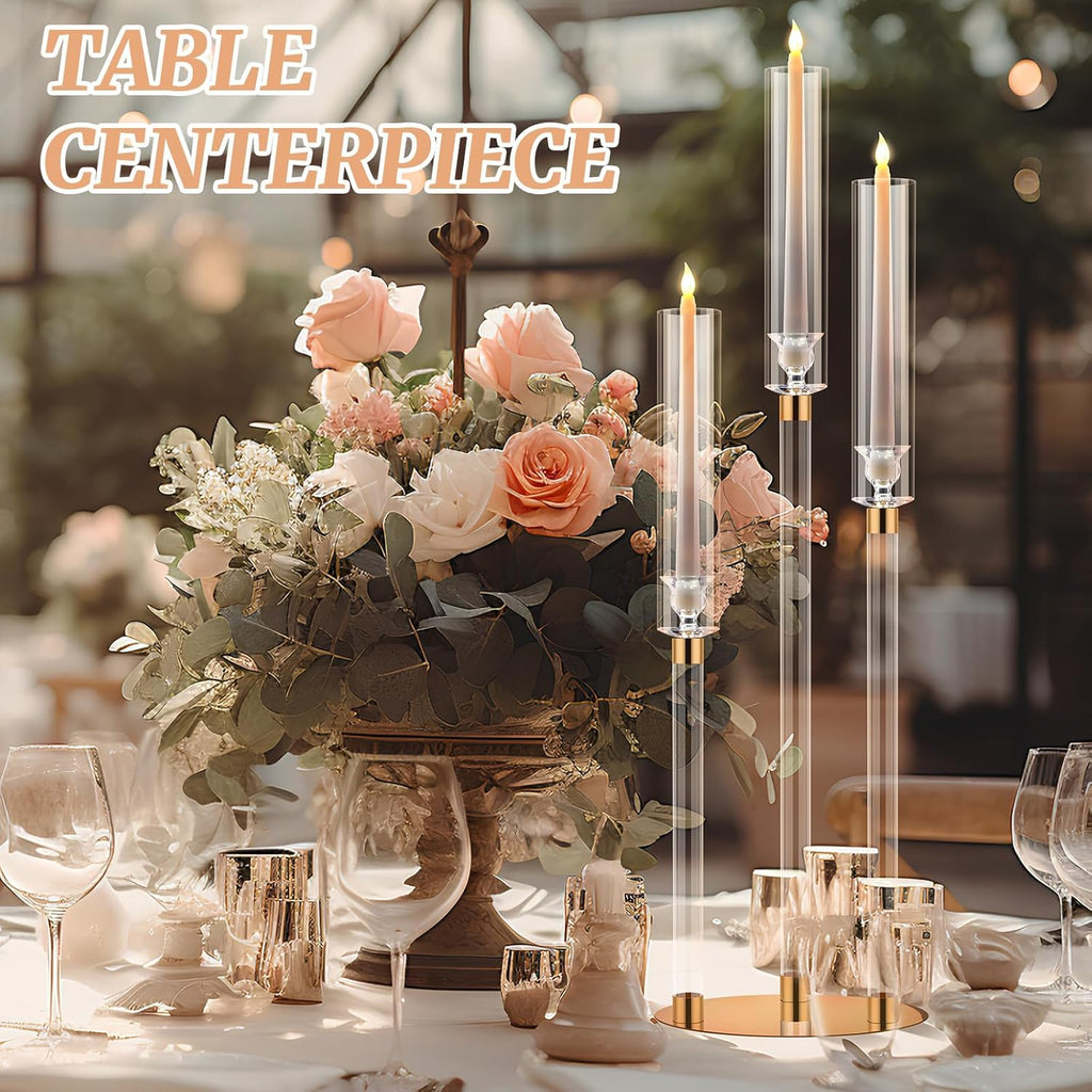 6 Pack Acrylic Candelabra Centerpieces 30.5'' Tall Clear Candle Holder Gold 3 Arm Crystal Candle Holder Candlesticks