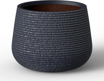 Accent Round Curved Charcoal Concrete Planter 17.3" Dia, Outdoor | Ribbed, Rubber Plug for Indoor, Drainage for