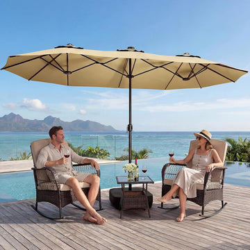 15FT Double-Sided Patio Umbrella with Base Included, Large Outdoor Rectangular Market Umbrella Khaki